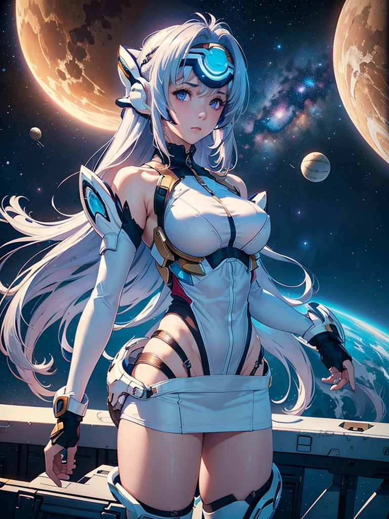 (masterpiece:1.3), (8K、photorealistic, Raw photo, best quality:1.4), (solo), one girl, (((kos-mos))), beautiful face, Beautiful face with perfect symmetry, cute face, (beautiful light blue long hair), With bangs, There is a visor on the forehead, beautiful purple eyes, perfect anatomy, (high detail skin: 1.2), natural breast, Beautiful thighs, Natural buttocks, white costume, mini skirt, costume with open chest, Clothes that look like 6 pack abs, Stars and planets can be seen in outer space, standing on the deck of a spaceship, perfect lighting, focus only, perfect anatomy,Front view,