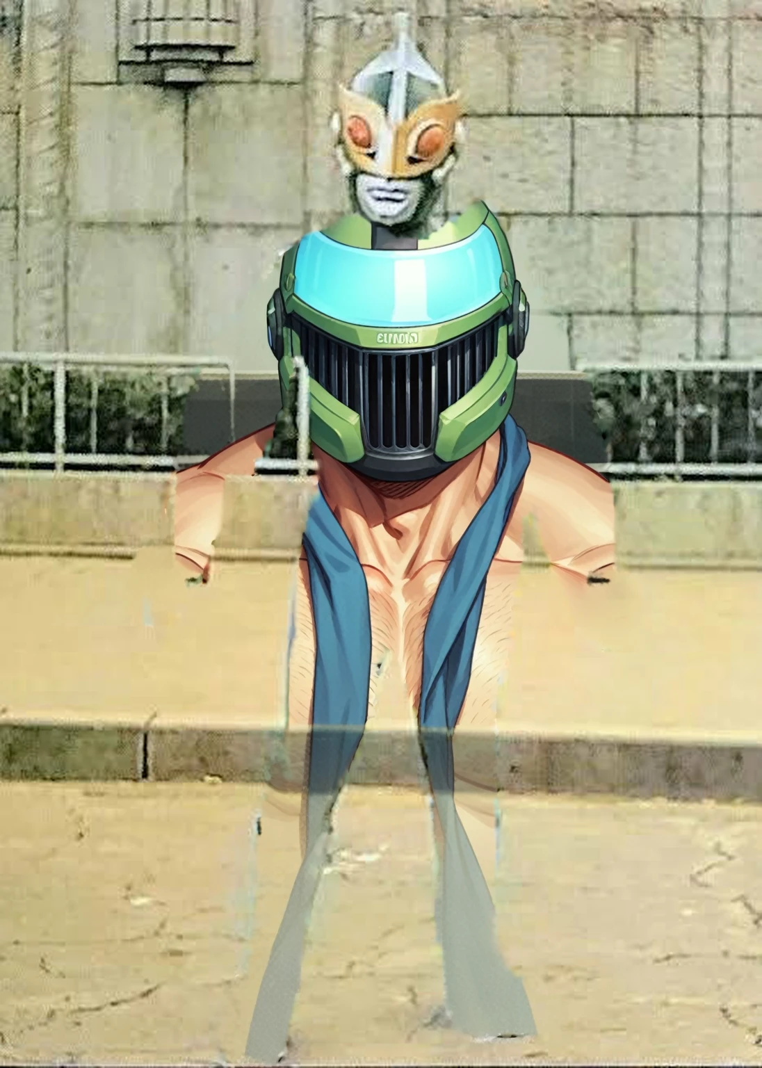 NSFW, shirtless, naked, wearing nothing, nude, gay, bara, naked except for hero helmet, hairy body, man in his 40s, muscular body with fat,