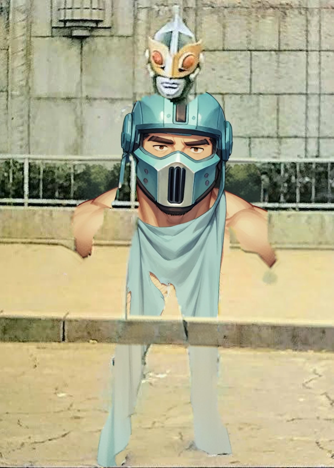 NSFW, shirtless, naked, wearing nothing, nude, gay, bara, naked except for hero helmet, hairy body, man in his 40s, muscular body with fat,
