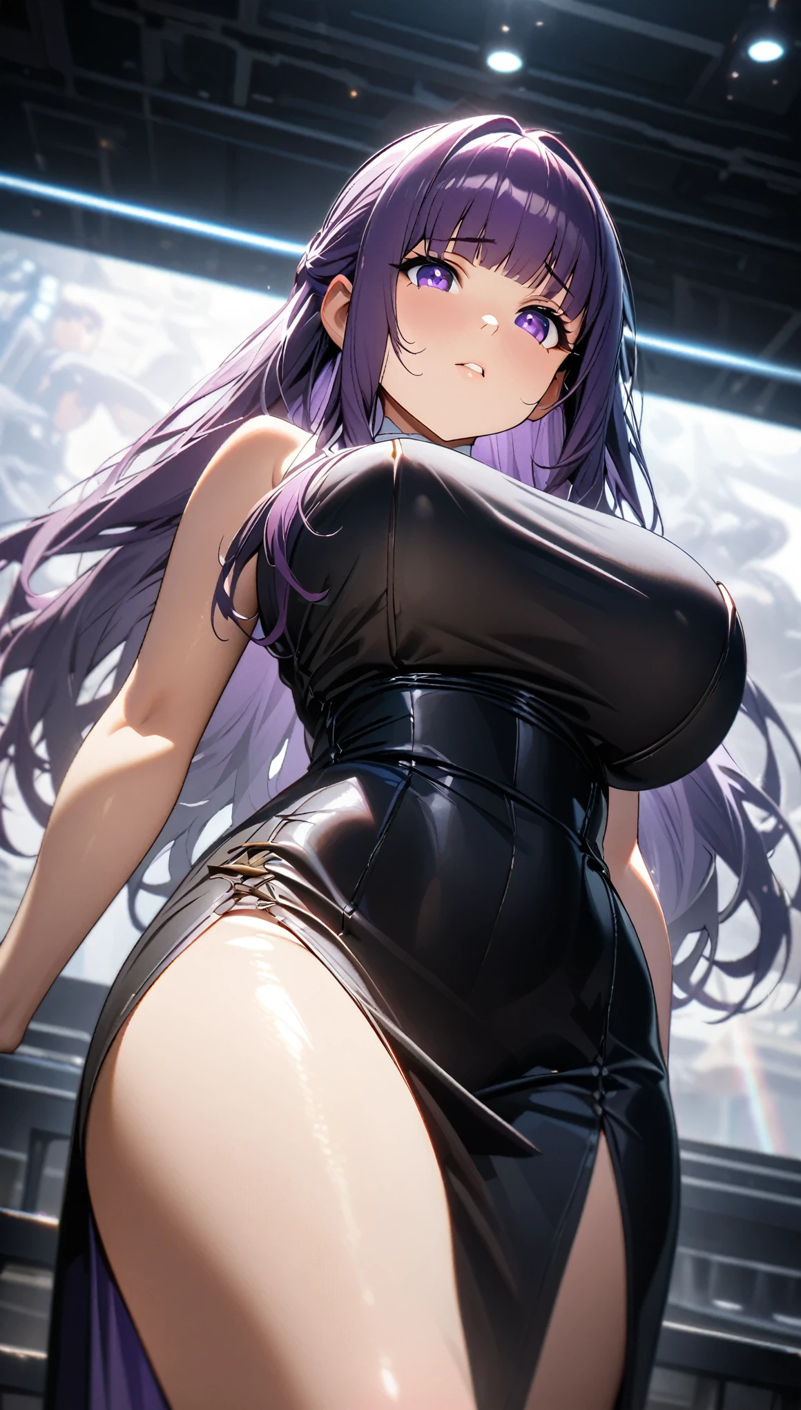 Cheongsam Girl，Half Up,Purple Hair,Purple eyes,Long Hair，Blunt bangs,cowboy shot,Pure white background，Big Breasts,Depth of written boundary，Low angle view，Calf Level View，Overclocked Renderer，Cinema Lighting，masterpiece,Ultra-fine，Very detailed，complicated，Cinematic Perspective，CG Art，Looking at me,Puff out your cheeks,