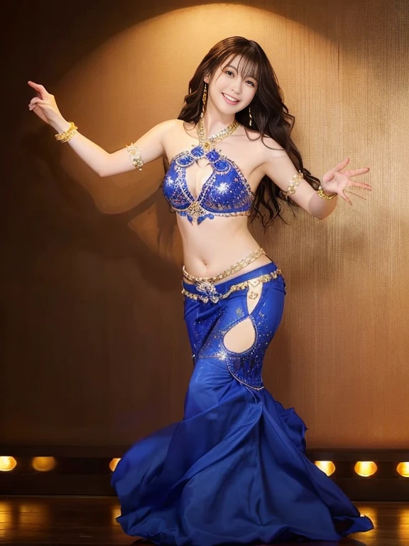 Photo-realistic quality、ステージ上で透け感のあるドレスを着てBelly danceを踊る日本人アイドル, Sheer bottoms、Belly dance, She is dressed as a belly dancer, gracefully Belly dance pose, Full Body Shot, Beautiful skinny Japanese model、the waist is thin and constricted,、Detailed and beautiful eyes、Cute smile、A soft and gentle look