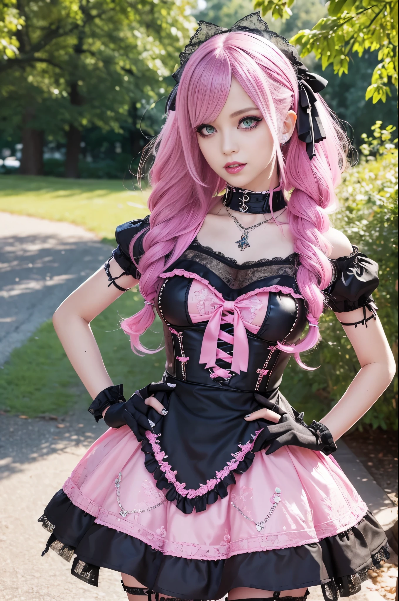 sexy stylish Swedish model, only 1 female, ((doll-like appearance)), short neon pink stylish hair, ((shiny Punk-Style boots)), (beautiful smile), ultra detailed eyes, long lashes, metallic eye-makeup, lip-gloss, ((sexy Punk ta cosplay)), unconventional skirt, petticoats, high neckline, ((ultra detailed lace)), ((ultra detailed embroidery)), intricate details, tartan patterns, Punk Loliccessoires, Punk Lolita cr, ((large sparkling Punk Lolita jewel, cinematic light, detailed sunny large park background with trees