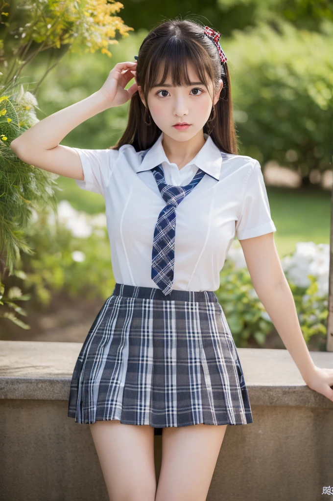 ((highest quality, 8K, masterpiece :1.3)), Photorealistic、Ultra-high resolution、Natural skin texture、Hyperrealism、Photograph from the knee up、 beautiful Japanese girl、Large breasts、White collared shirt and tie、Checkered mini skirt、Serious expression、Angry