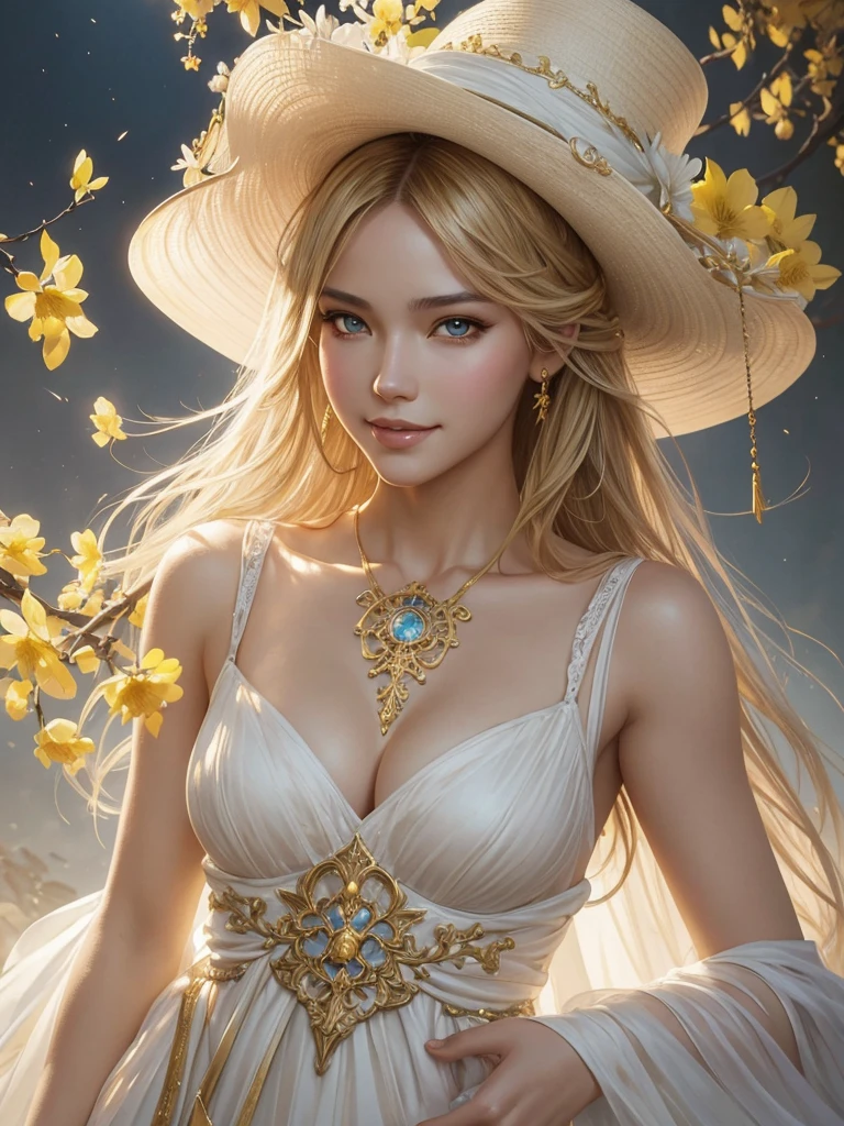 Upper body portrait, inspired by the art of Nick Alm,Louis Royo and Konstantin Razumov, watercolor painting, bright, beautiful, spring, big perfect sparkling eyes, cute and charming, filigree, beautiful smile, perfect white teeth, yellow flowers, backlit, voluminous hair, high-fashion hat, magical, surreal, fantasy, digital art, Wlop, Stanley Artgerm and James Jean, fiction, golden ratio, intricate, epic, trending on ArtStation, highly detailed, vivid, ultra-high quality model