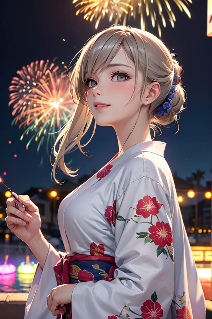 (Best Quality,High resolution,8K,finelity detailed background,Masterpiece:1.2),beautiful girl,Glossy romance gray hair,pony tail,Beautiful grey eyes,Gentle look,A refreshing look,Best quality,Best Quality,Aesthetic and aesthetic:1.2,Best details((Super detailed))(High-definition CG illustrations),yukata(Floral),Slender body,night,Fireworks display,Fireworks in the background,Fireworks,smile,blush,cute,Scrounge,Looking up,Being spoiled,super model