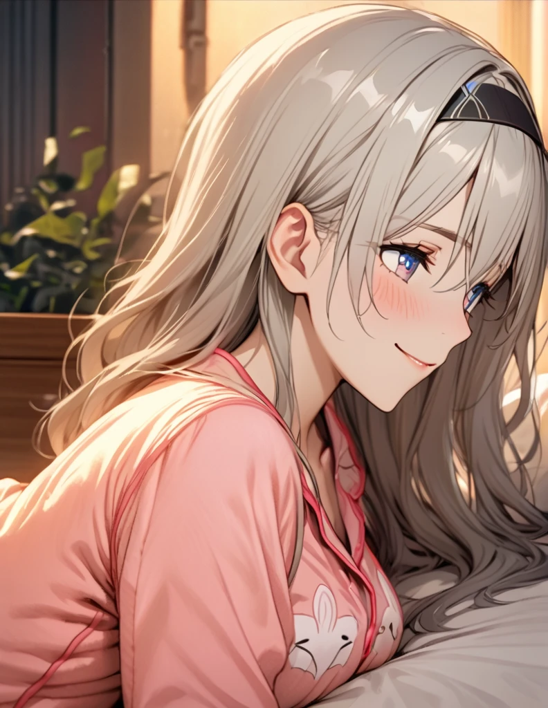 beautiful girl, long grey hair, beautiful face,smiling,close up to hips, beautiful breast, laying on stomach on bed,,illustration,detailed textures(realists),ultra-detailed,portrait style,vivid colors,soft lighting, blushing, mature, hair fluttering, evening light , head band, ((half body)), wearing simple pajamas , perky. ((side profile until hips)), very shy