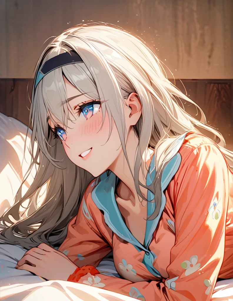 beautiful girl, long grey hair, beautiful face,smiling,close up to hips, beautiful breast, laying on stomach on bed,,illustration,detailed textures(realists),ultra-detailed,portrait style,vivid colors,soft lighting, blushing, mature, hair fluttering, evening light , head band, ((half body)), wearing simple pajamas , perky. ((side profile until hips)), very shy