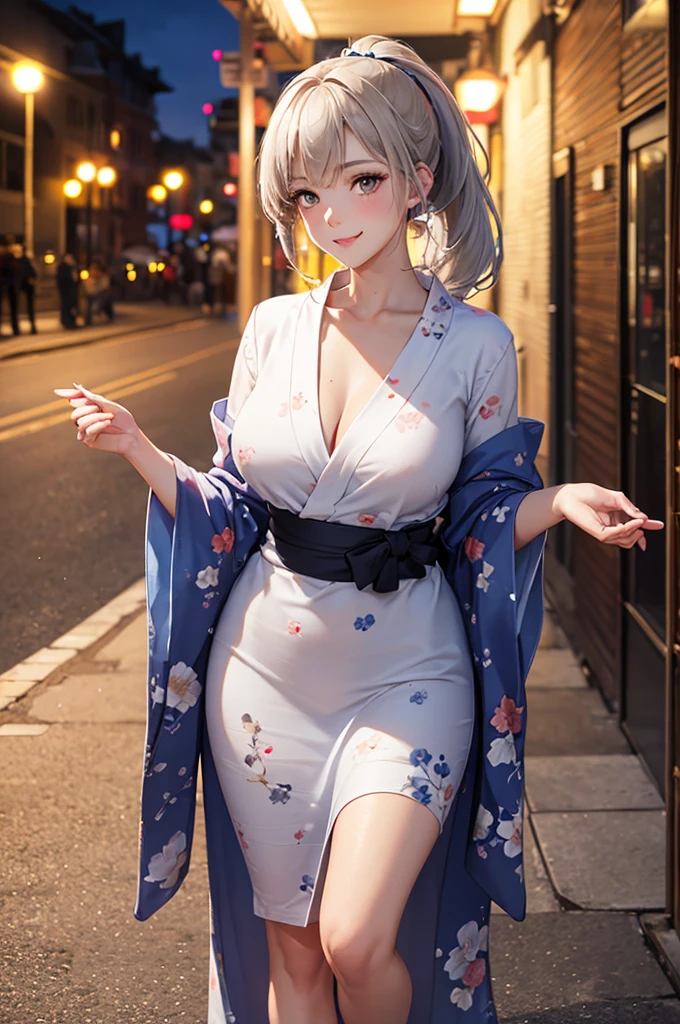 (Best Quality,High resolution,8K,finelity detailed background,Masterpiece:1.2),beautiful girl,Glossy romance gray hair,pony tail,Beautiful grey eyes,Gentle look,A refreshing look,Best quality,Best Quality,Aesthetic and aesthetic:1.2,Best details((Super detailed))(High-definition CG illustrations),yukata(Floral),Slender body,night,Fireworks display,Fireworks in the background,Fireworks,smile,blush,cute,Scrounge,Looking up,Being spoiled,super model