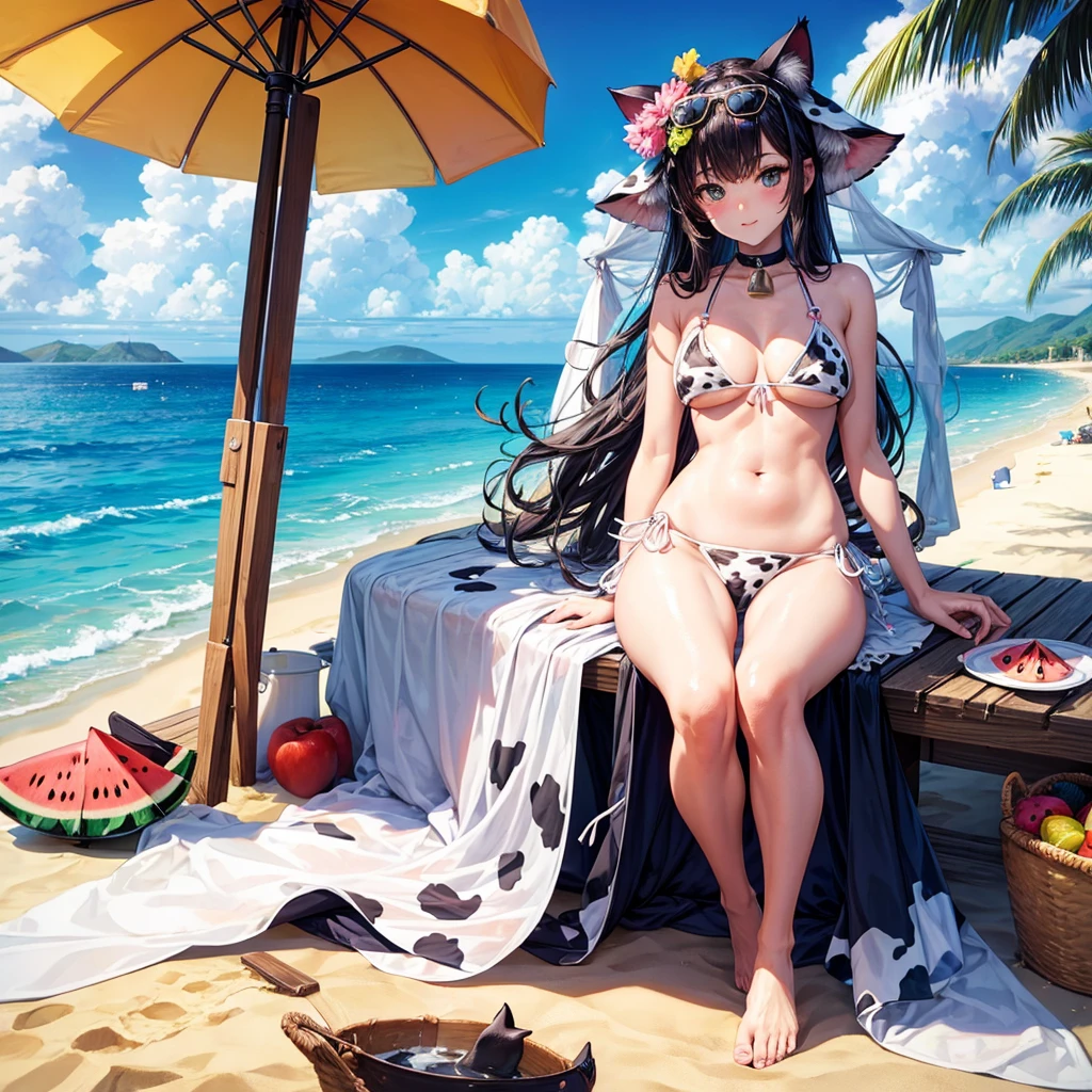 Cat ears and cow print bikini　Beauty　Beautiful feet　Beach parasol　watermelon　Swimming in the sea