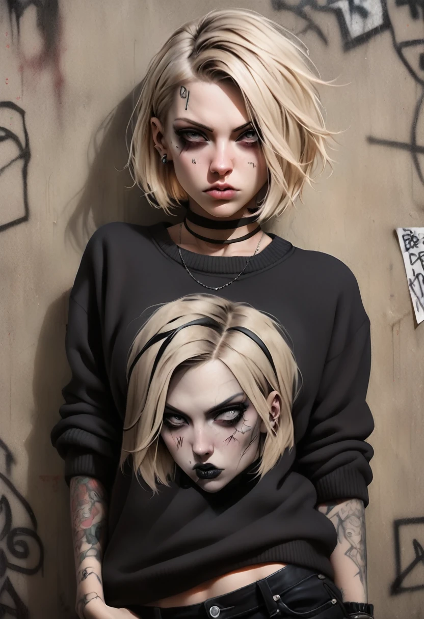 portrait of a female rocker, oversize sweater, expressive eyes, tattoo, bob short hair, blonde, attitude, sultry, pictorialism, dystopian, grim dark, goth, chiaroscuro, contrast, surrealism, gritty background, background grunge graffiti wall, high angle view