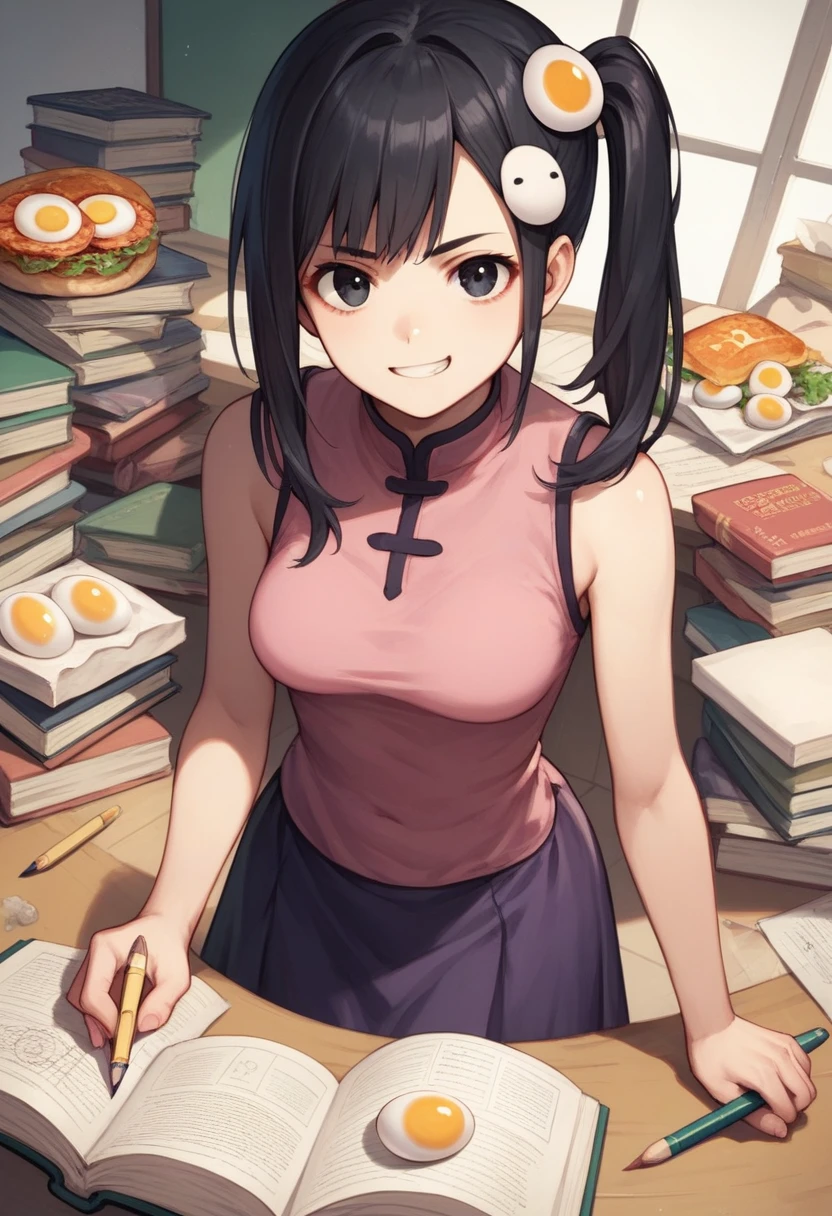 masterpiece, 1girl, medium breasts, solo, araragi karen, hair ornament, egg hair ornament, side ponytail, black hair, food-themed hair ornament, fried egg, looking at viewer, egg (food), long hair, (black eyes:1.1), purple skirt, sleeveless, pink shirt, homework, books, holding pencil, smirk