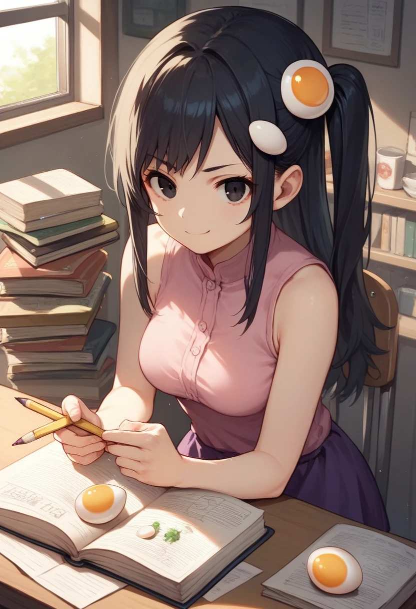 masterpiece, 1girl, medium breasts, solo, araragi karen, hair ornament, egg hair ornament, side ponytail, black hair, food-themed hair ornament, fried egg, looking at viewer, egg (food), long hair, (black eyes:1.1), purple skirt, sleeveless, pink shirt, homework, books, holding pencil, smirk