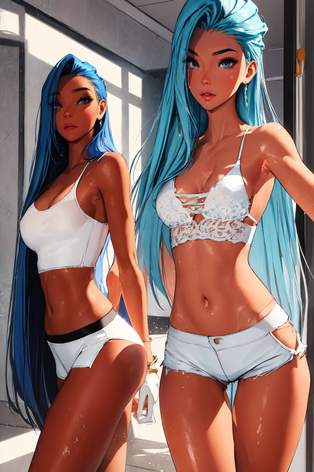 (best quality: 1.2), clean face, (masterpiece: 1.2, 8k) perfect anatomy, 1girl,a beautiful fashion model ,(masterpiece, official art, best quality) (wet skin, shiny skin) ,long and shiny hair, blue hair with streaks in hair, long hair, full lips, slender body, slim body big breasts, looking at viewer, revealing outfit, absurdity, intricate details, dynamic pose, club, , (highly detailed skin: 1.2), wearing
short shorts and a tight white top, cleavage, torn clothes, thong straps