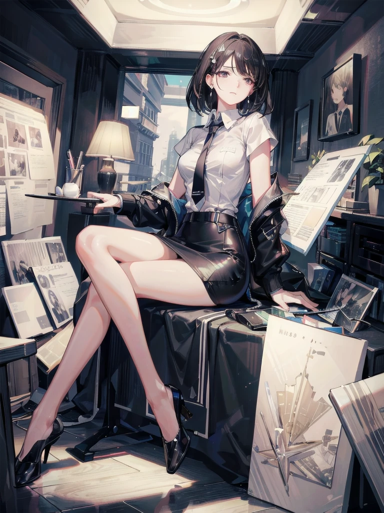 absurdres, RAW photo, extremely delicate and beautiful, masterpiece, Best Quality, ultra high resolution, 32k, hyperrealistic, ultra-detailed, delicate facial features, beautiful detailed woman, tearful mole, earring, medium breasts, full body shot, medium hair, black hair, white collared shirt, pencil skirt, business suit,