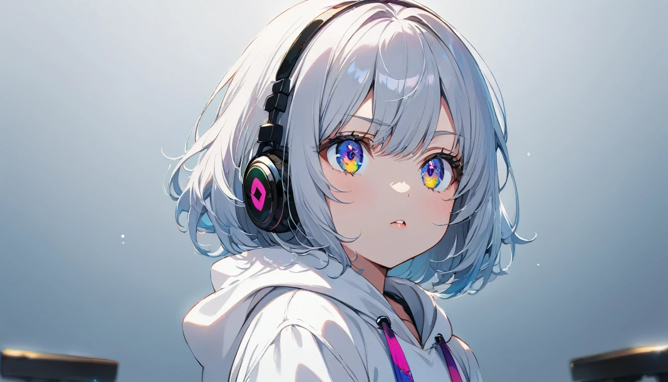 ((Masterpiece)), ((best quality)), (Anime:1.3), (super detail:1.2), (High Definition:1.3), (Professional Photography:1.3), cute young Girl, (Gazing into the distance:2), (Gazing skyward:2), (Her not looking at camera), Glossy unruly hair, (loose swept bangs), (silver ash hair), medium hair, big eyes, (Eye bags:1.3), (Long eyelashes), colorful eyes, (frown), Glossy lips, (jagged teeth), ((white hoodie with oversized)), barearms, cute, (Weighing it using a balance), (colorful:1.3), gothic makeup, wearing headphones,