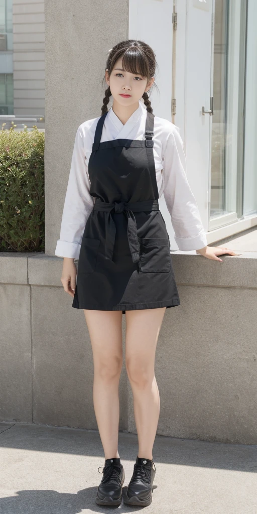 1girl,legs,a girl at building,(((building))), braided bangs,braided ponytail,(solo:1.2),apron,thick thighs,side-tie panties, balck hair, ,looking at viewer, sunlight,hanfu,