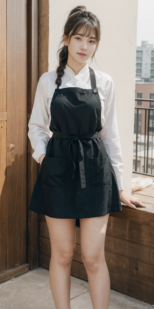 1girl,legs,a girl at building,(((building))),  braided bangs,braided ponytail,(solo:1.2),apron,thick thighs,side-tie panties, balck hair, ,looking at viewer, sunlight,hanfu, 