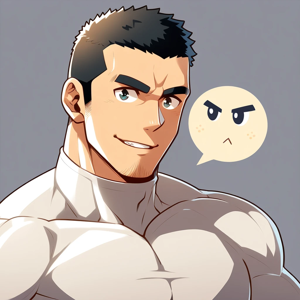 anime characters：Gyee, Muscle Sports Student, Buzz Cut, Manliness, male focus, Cute boy with big eyes, Mike White high collar long sleeve tight T-shirt, Slightly transparent material, Very tight, Round, full and perky chest muscles, Slightly transparent, muscular male, muscular, only, Upper body, alone, Black short hair, Thick eyebrows, stubble, Cute little eyes, Grey background, simple background, amazing quality, best aesthetics, Ridiculous, crew cut, parted lips, seductive smile, torogao, naughty face, drop shadow, best quality