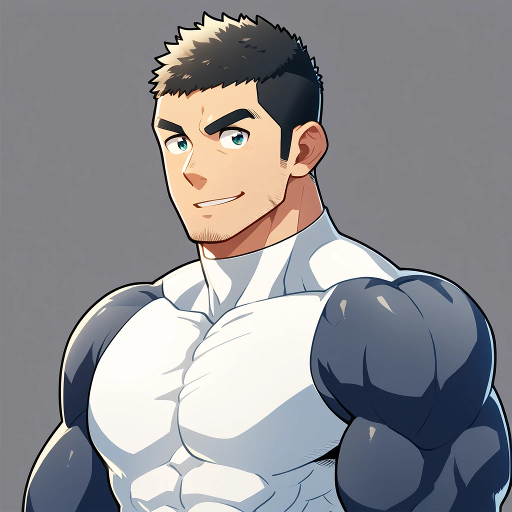 anime characters：Gyee, Muscle Sports Student, Buzz Cut, Manliness, male focus, Cute boy with big eyes, Mike White high collar long sleeve tight T-shirt, Slightly transparent material, Very tight, Round, full and perky chest muscles, Slightly transparent, muscular male, muscular, only, Upper body, alone, Black short hair, Thick eyebrows, stubble, Cute little eyes, Grey background, simple background, amazing quality, best aesthetics, Ridiculous, crew cut, parted lips, seductive smile, torogao, naughty face, drop shadow, best quality