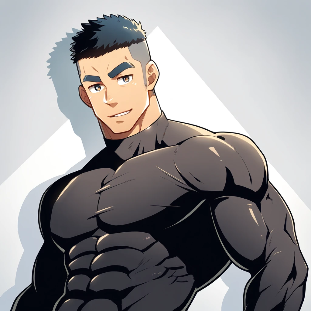 anime characters：Gyee, Muscle Sports Student, Buzz Cut, Manliness, male focus, Cute boy with big eyes, Mike White high collar long sleeve tight T-shirt, Slightly transparent material, Very tight, Round, full and perky chest muscles, Slightly transparent, muscular male, muscular, only, Upper body, alone, Black short hair, Thick eyebrows, stubble, Cute little eyes, Grey background, simple background, amazing quality, best aesthetics, Ridiculous, crew cut, parted lips, seductive smile, torogao, naughty face, drop shadow, best quality