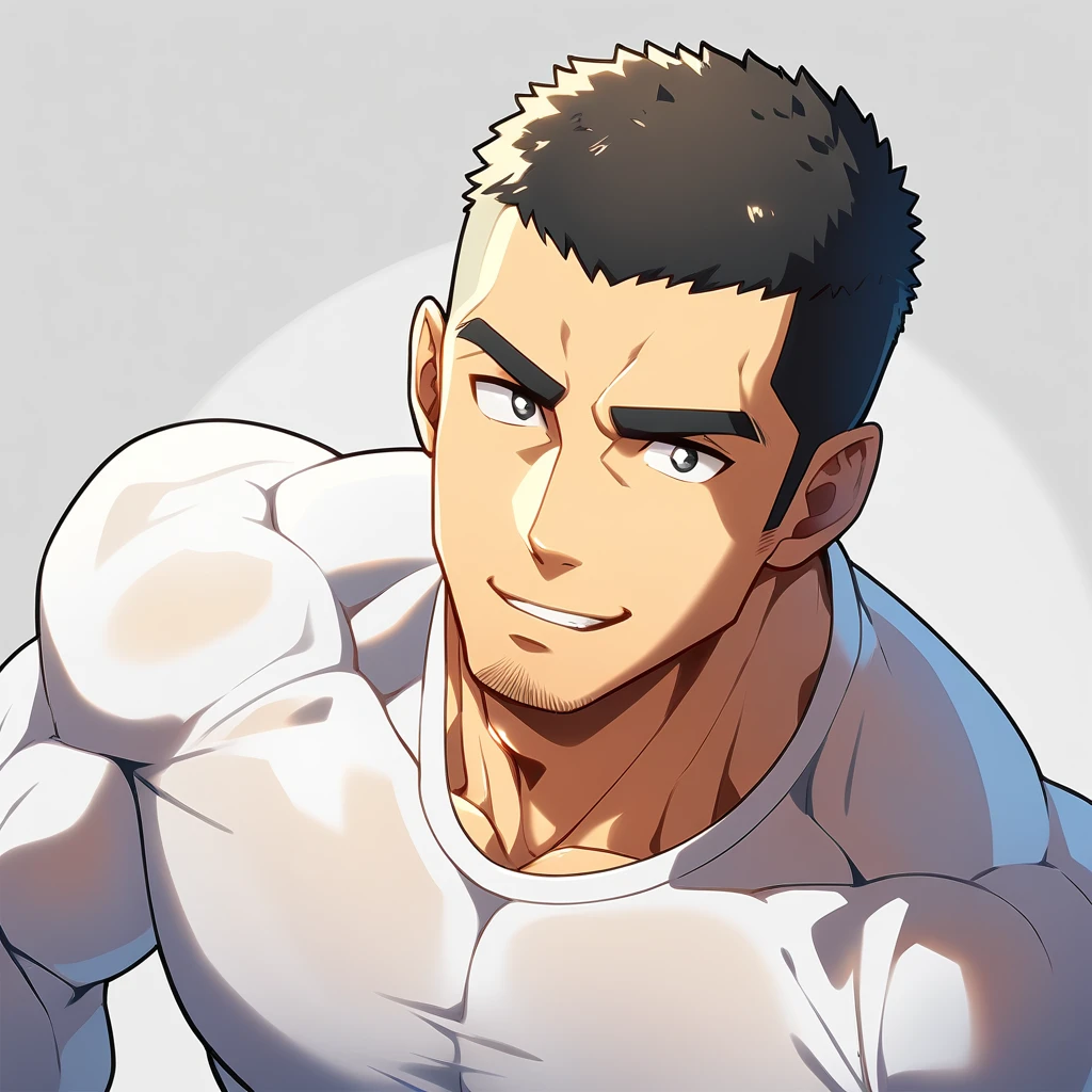 anime characters:Gyee, Muscle Sports Student, Buzz Cut, Manliness, male focus, Cute boy with big eyes, Mike White high collar long sleeve tight T-shirt, Slightly transparent material, Very tight, Round, full and perky chest muscles, Slightly transparent, muscular male, muscular, only, Upper body, alone, Black short hair, Thick eyebrows, stubble, Cute little eyes, Grey background, simple background, amazing quality, best aesthetics, Ridiculous, crew cut, parted lips, seductive smile, torogao, naughty face, drop shadow, best quality