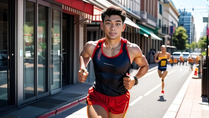 Olympic、Athletics、Women's Marathon、short chestnut hair、Tanned detailed skin、Beautiful and voluptuous、非常にhealthyでAthletic abilityの高いyoung女性が、SoakingWetClothey body is wet:1.9)、With a look of pain、Under the scorching sun、(Running through the city streets:1.9)、ぴったりとしたクロップ丈のTank top、Play shorts、running シューズを履き、Muscularの体格と形の良い曲線は、激しいtrainingによって強調されています。(Highest quality、8K、High resolution、masterpiece:1.2)、Super detailed、(Real、Photorealistic、Photorealistic:1.37)、Highly detailed facial features、Beautifully detailed eyes、Beautifully detailed lips、Highly detailed eyes and face、Long eyelashes、Athletic ability、Muscular、healthy、Slender、Tightened、Tightened、Tightened、6 Pack Abs、Curvaceous、Hourglass body type、young、Perfect Skin、Glowing Skin、Sweat、Heavy breathing、A tense look、bliss、intoxication、running、Uphill、Cityscape、Fiery sunlight、City、Fitness、training、Sportswear、Tank top、Play shorts、runningシューズ、