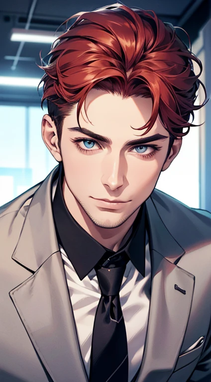 (best quality,4k,8k,highres,masterpiece:1.2),ultra-detailed,(realistic,photorealistic,photo-realistic:1.37),1 man,31 years old,mature man,very handsome,without expression,smile,short grey red hair,blue eyes,penetrating gaze,perfect face without errors,imposing posture,businessman,office background,cinematic lighting,hdr image