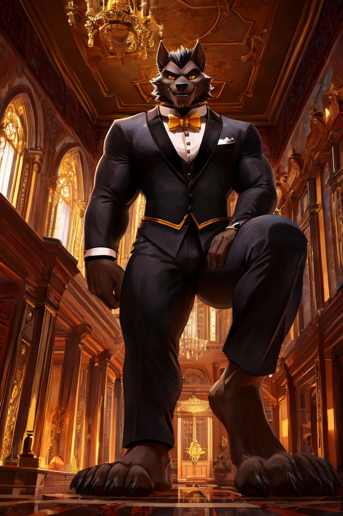 Giant Buff Werewolf Butler, Confident, Golden Eyes, Muscular, Handsome, Charming, View from Below, High Contrast, Standing over the Viewer, Macro, Inside Mansion, Gold Collar, Barefoot