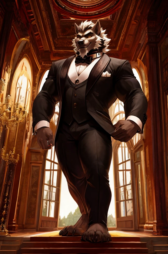 Giant Buff Werewolf Butler, Confident, Golden Eyes, Muscular, Handsome, Charming, View from Below, High Contrast, Standing over the Viewer, Macro, Inside Mansion, Gold Collar, Barefoot