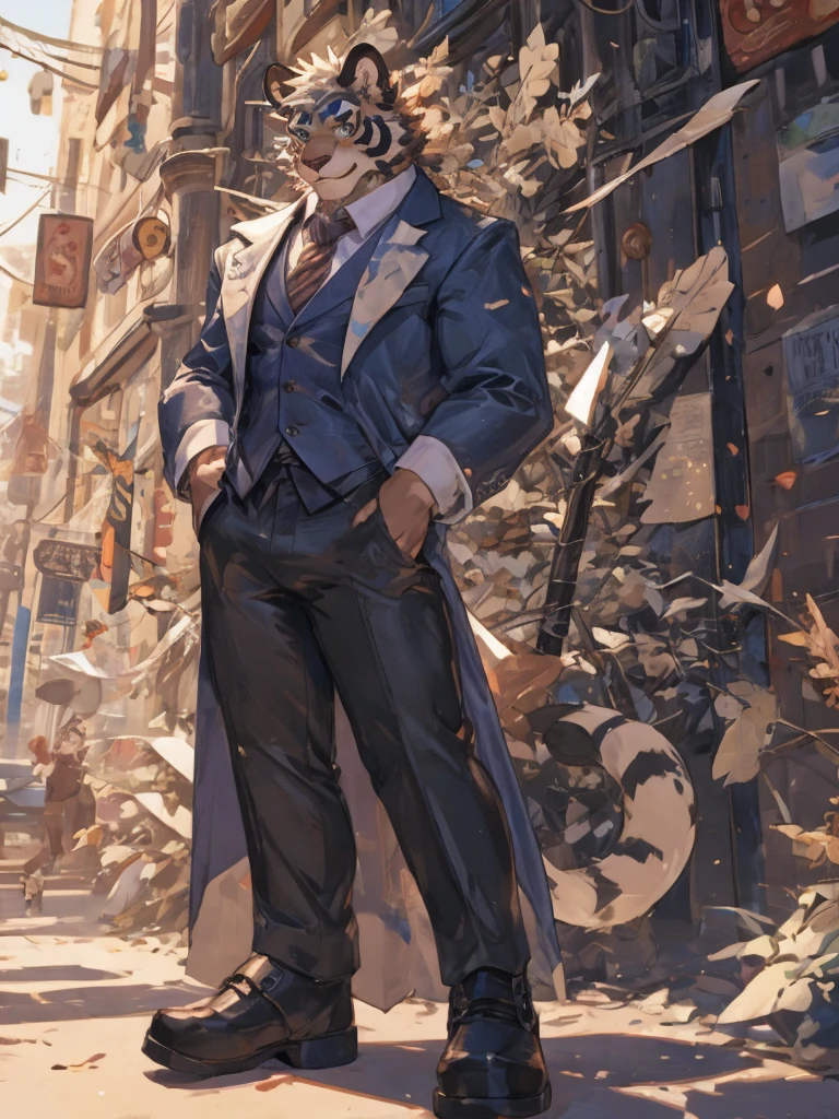 {{bara extremely handsome white tiger,}} {{white fur,}} white, wearing elegant ornate suit jacket, trousers, white dress shirt and necktie, white fluffy furry body and limbs, loafers, very tall, very broad shoulders, narrow waist, muscular arms, massive pecs, purple eyes, very long legs, massive bulge, sophisticated hot look, full body, 3/4 view, best quality, high quality, silver earring on left ear, sultry smirk, multiple views, character sheet