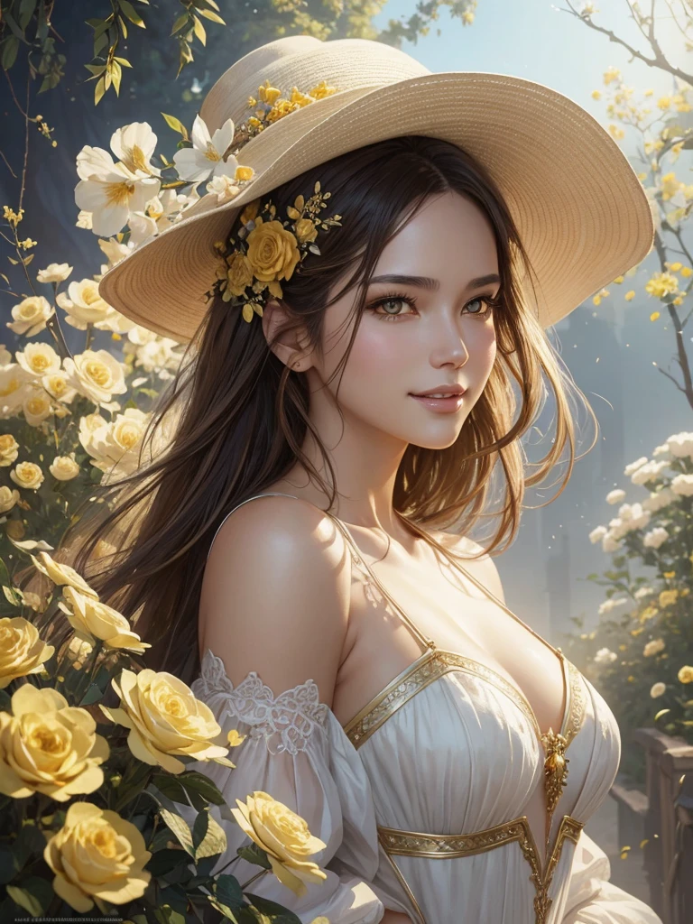 Upper body portrait, inspired by the art of Nick Alm,Louis Royo and Konstantin Razumov, watercolor painting, bright, beautiful, spring, big perfect sparkling eyes, cute and charming, filigree, beautiful smile, perfect white teeth, yellow flowers, backlit, voluminous hair, high-fashion hat, magical, surreal, fantasy, digital art, Wlop, Stanley Artgerm and James Jean, fiction, golden ratio, intricate, epic, trending on ArtStation, highly detailed, vivid, ultra-high quality model