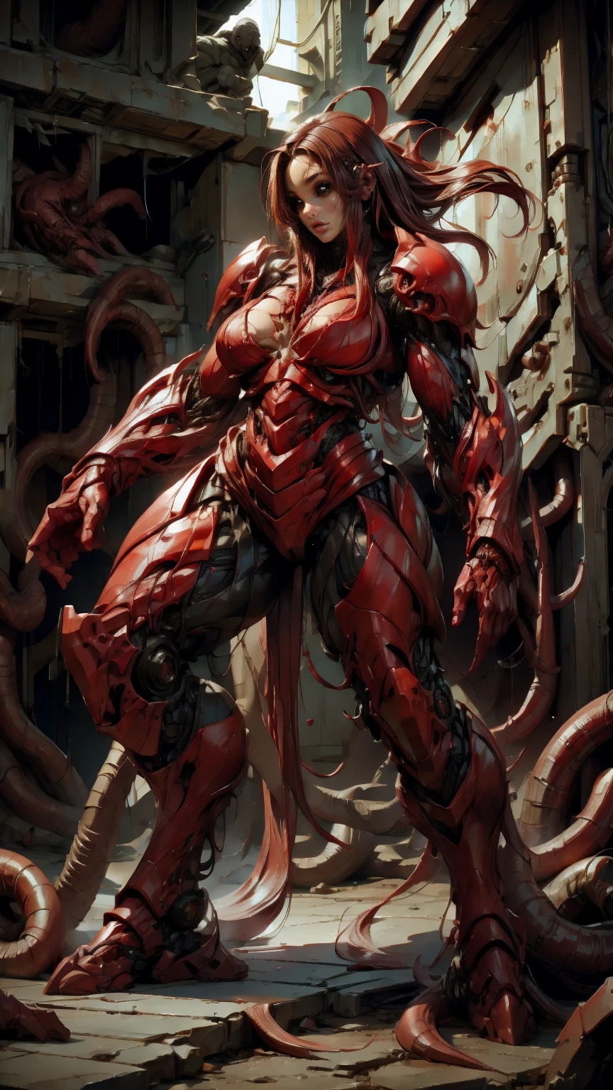 a photo-realistic image of Megan fox as armored carnage, (solo:1.0), (red carnage skinless muscular bio-mecha armor:1.25), (mouth wide open, carnage style:1.25), (full body view:1.25), Realistic, Very detailed face and eyes, (masterpiece:1.1), (beautiful girl face:1.45)