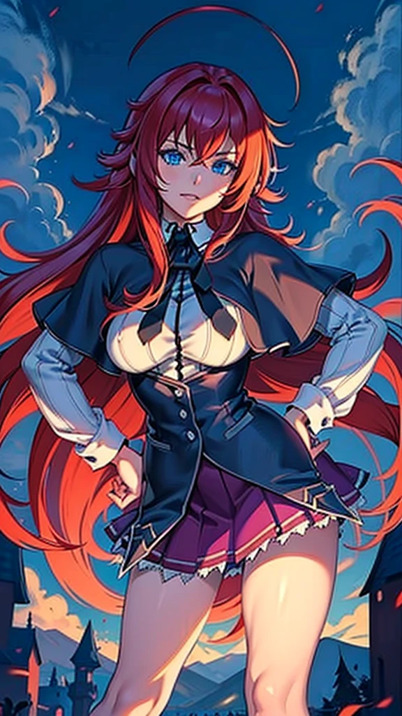 ((masterpiece, best quality)), insaneres, absurdres, solo, looking at viewer, 
ANIME_DxD_Rias_Gremory_ownwaifu, 
1girl, bangs, long hair, red hair, breasts, large breasts, rias gremory, blue eyes, hair between eyes, very long hair, collarbone, hair intakes,  hair over breasts, 
black capelet, black corset, collared shirt, kuoh academy , layered skirt, underbust, , skirt, shirt, long sleeves, purple skirt, ribbon, miniskirt, neck ribbon, thighhighs, black ribbon, 
(contrapposto, hand on hip)depth of field, vanishing point, garden, sidelighting,