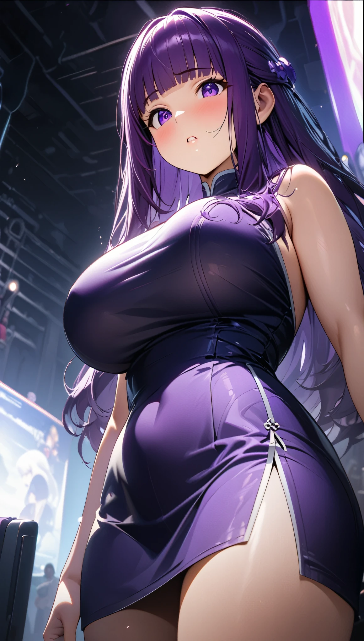 Cheongsam Girl，Half Up,Purple Hair,Purple eyes,Long Hair，Blunt bangs,cowboy shot,Pure white background，Big Breasts,Depth of written boundary，Low angle view，Calf Level View，Overclocked Renderer，Cinema Lighting，masterpiece,Ultra-fine，Very detailed，complicated，Cinematic Perspective，CG Art，Looking at me,Puff out your cheeks,Close your mouth,