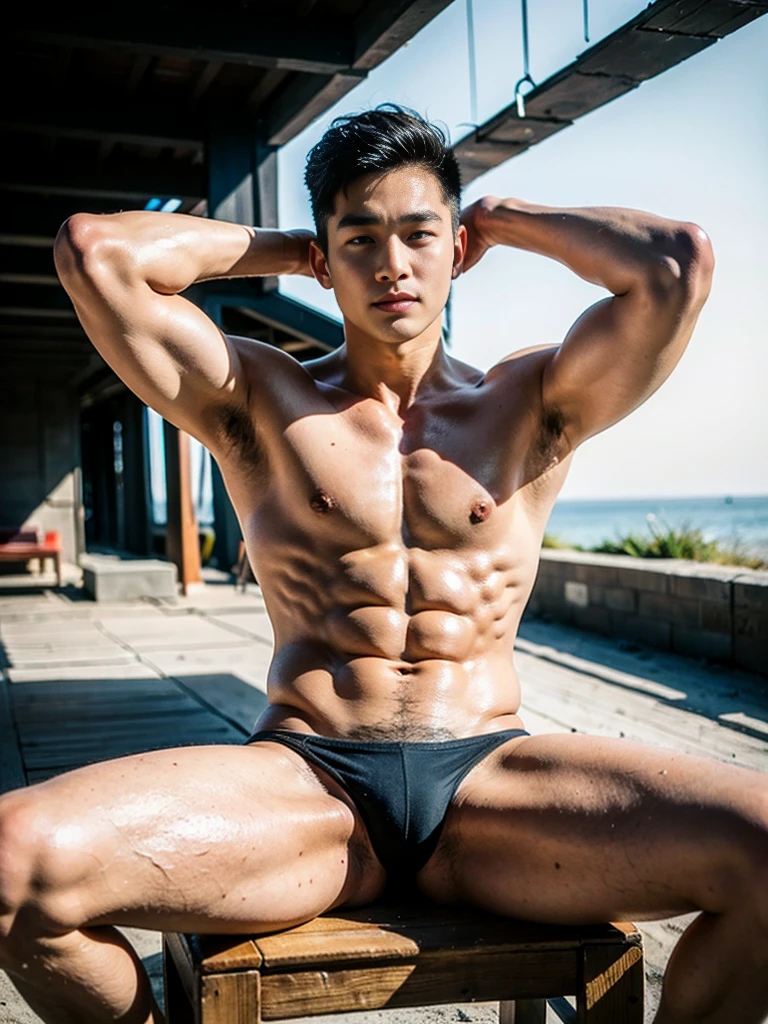 Realistic photography, 8k , handsome young muscular Korean man, wearing no shirt , wearing only black thong, beach, sitting and squating, lifted arms, spread legs