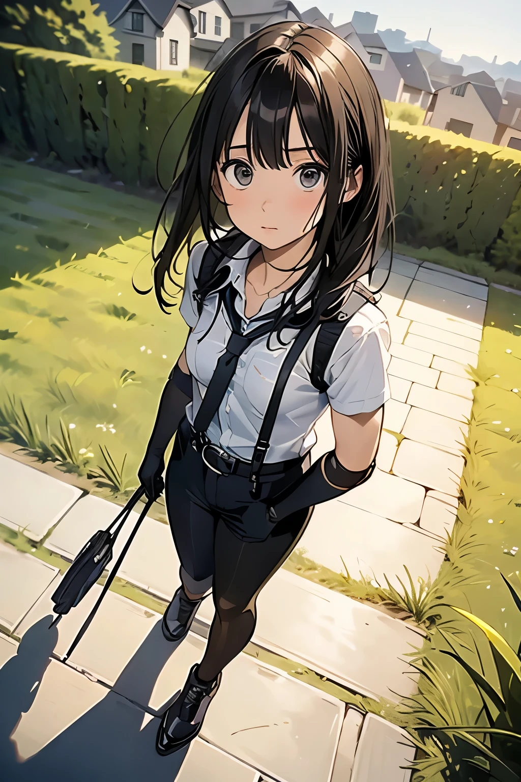 high quality, masterpiece, Ultra-high resolution, (realism: 1.4), Oil painting style, Cinema Lighting, An endless grassland dotted with a few houses, I stood on the empty asphalt road and looked at it., Fairy Mountain々was shrouded in mist, And the suspenders with the cranes flying Moderate breasts Small face holster Lying in bed Looking up Sweat belt summer 脇Sweat Black Hole Gloves suit shirt Black jacket Black trousers Leg Links ズボンにbelt holster Hands behind your back Anxious expression Looking up Anxious face
