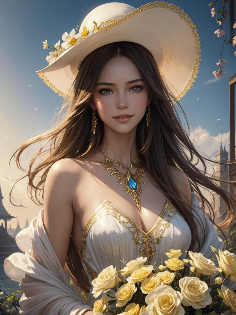 Upper body portrait, inspired by the art of Nick Alm,Louis Royo and Konstantin Razumov, watercolor painting, bright, beautiful, spring, big perfect sparkling eyes, cute and charming, filigree, beautiful smile, perfect white teeth, yellow flowers, backlit, voluminous hair, high-fashion hat, magical, surreal, fantasy, digital art, Wlop, Stanley Artgerm and James Jean, fiction, golden ratio, intricate, epic, trending on ArtStation, highly detailed, vivid, ultra-high quality model