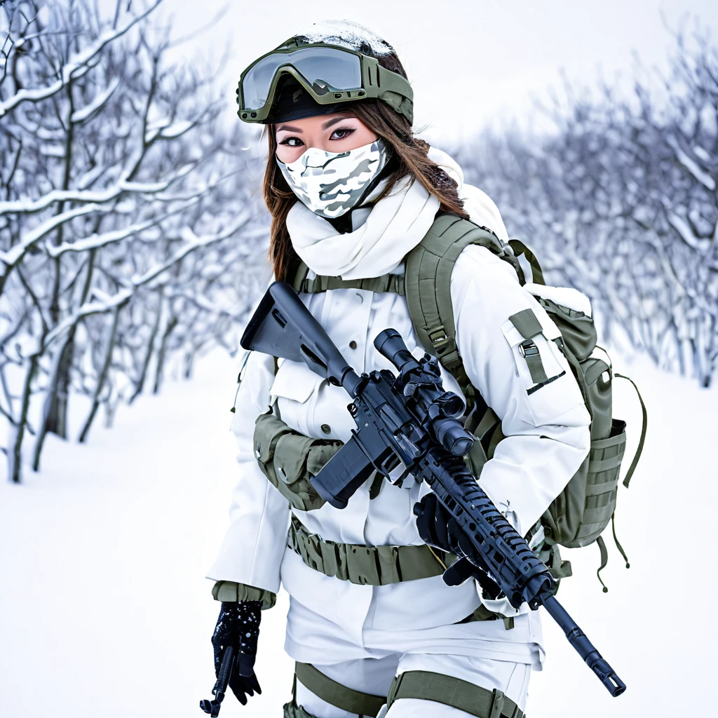 an girl mask , white snow fulfy military uniform, Match the color and texture of the uniform、Equipment、backpack、white camouflage pattern, ready for the sniper, snow atmosphere, white color tone, photography.