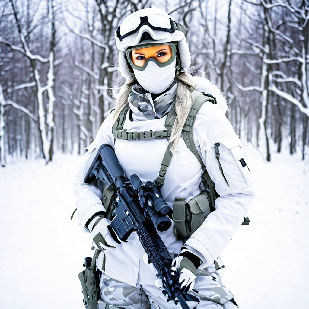 an girl mask , white snow fulfy military uniform, Match the color and texture of the uniform、Equipment、backpack、white camouflage pattern, ready for the sniper, snow atmosphere, white color tone, photography.