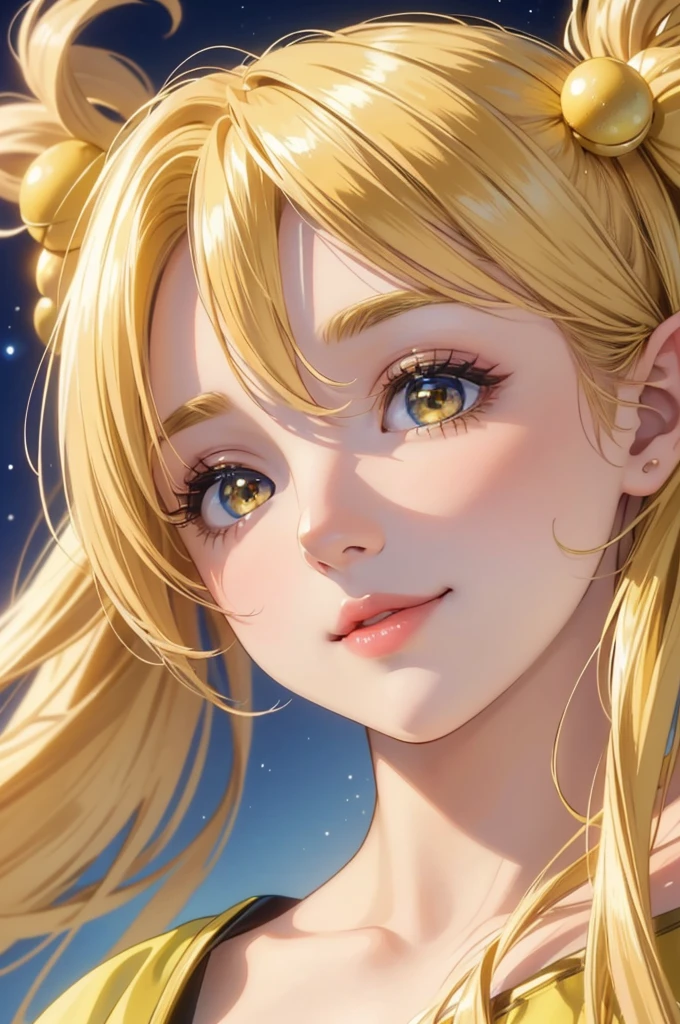 Masterpiece, Ultra High quality, 4k resolution, closeup portrait. Gorgeous perfect face, elf, blonde hair, (bright yellow parkling eyes:1.4), sweet and kind face, plump luscious lips, cute nose, slight smile, magical appearance:1.2