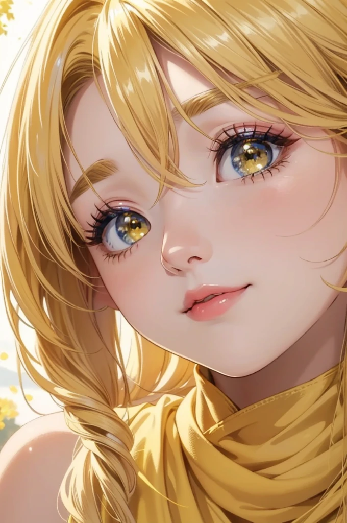Masterpiece, Ultra High quality, 4k resolution, closeup portrait. Gorgeous perfect face, elf, blonde hair, (bright yellow parkling eyes:1.4), sweet and kind face, plump luscious lips, cute nose, slight smile, magical appearance:1.2