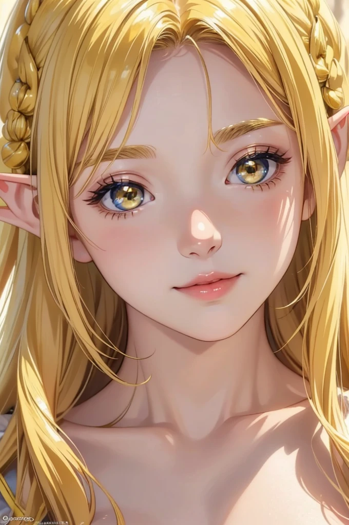 Masterpiece, Ultra High quality, 4k resolution, closeup portrait. Gorgeous perfect face, elf, blonde hair, (bright yellow parkling eyes:1.4), sweet and kind face, plump luscious lips, cute nose, slight smile, magical appearance:1.2