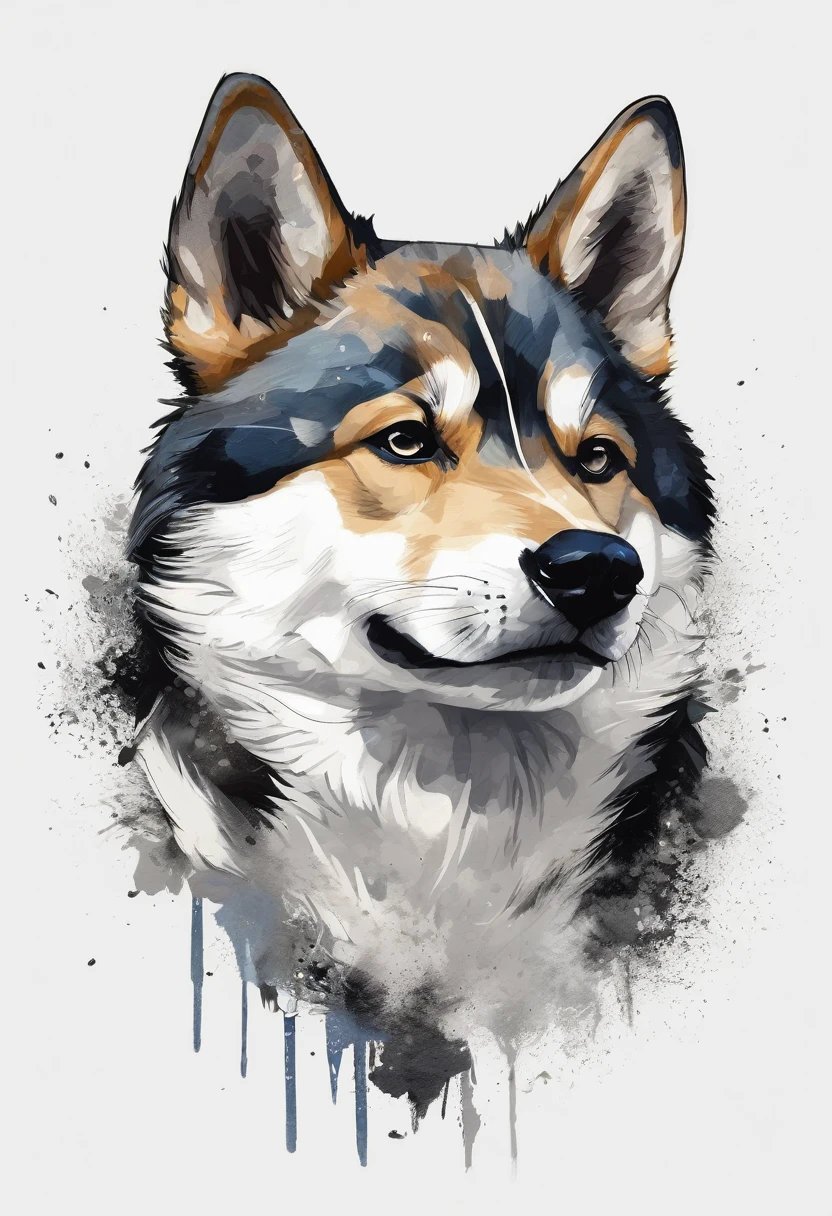 Dynamic ink brushstroke style, black and white only: illustration by a professional illustrator, featuring a cute wolf pup or Shiba Inu, action shot, high detail, white background, sharp focus, full body, masterpiece, highly detailed, high quality, artistic sumi ink painting, Japanese style, icon, single animal. A crying Shiba Inu with very realistic fur depiction, surreal expression, artistic circular motif for an icon design. Features detailed whiskers, blue eyes, cheek whiskers, Japanese dog, Japanese-style design."