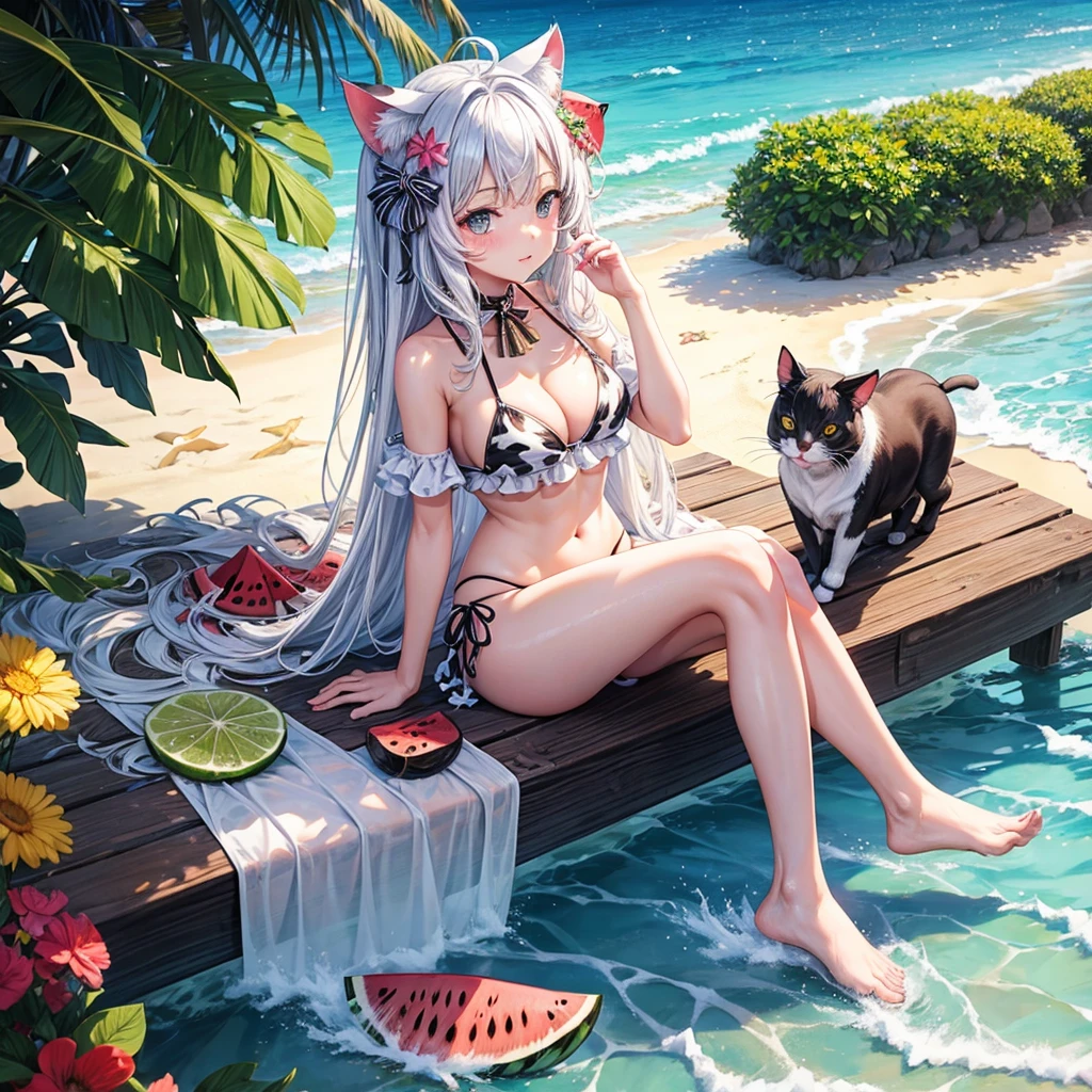 Cat ears and cow print bikini　Beauty　Beautiful feet　Beach parasol　watermelon　Swimming in the sea