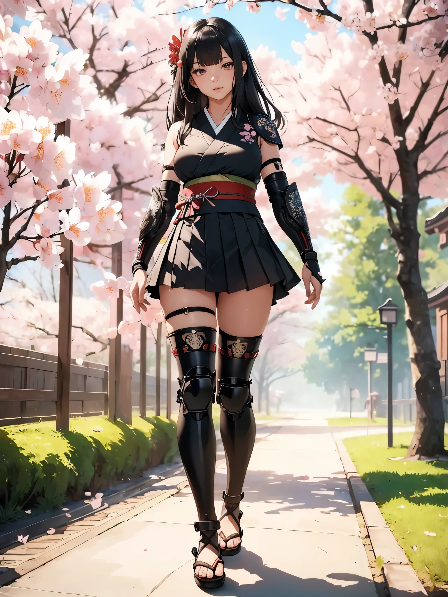 ((1girl, solo)), beautiful body, (perfect anatomy, perfect body, perfect hands, perfect legs), (five fingers:1.5), natural proportions, sexy body, (((large breasts))), cowboy shot BREAK
((extremely detailed face)), (beautiful detailed eyes:1.6), (realistic pupils, realistic iris:1), expressive eyes, looking at viewer, (clear eyes:1.3), (hyperrealistic:1.2), (detailed skin texture:1.2), smooth skin, (black hair:1.5), (red eyes:1.3), long hair, (straight hair:1.5), (((bangs))), ((blunt bangs)), hair ornament, hair flower, (detailed lips:1.2), (attractive lips:1.1), (glossy lips:1.1), (parted lips), perfect face, perfect eyes BREAK
Samurai, japanese clothes, (short kimono:1.5), sleeveless, elbow gloves, (arm guard:1.5), (micro mini skirt:1.5), pleated skirt, black skirt, zettai ryouiki, thighs, black thighhighs, (greaves:1.3), skindentation, tassel, shimenawa BREAK
Outdoors, day, (spring:1.3), (((cherry blossoms))), nature, ((trees)), forest, ((ancient japan)), medieval fantasy BREAK
(masterpiece:1.5), anime-style, top quality, best quality, (beautiful and aesthetic:1.2), (ultra detail:1.5), Ultra-detailed depiction, Ultra-precise depiction, extremely detailed 8k illustration, high resolution, (highly detailed shading:1.2), (realistic lighting:1.4), perfect lighting, vibrant colors, dynamic tones, striking hues, 8k, absurd resolution, perfect shadows, hdr, UHD, ambient lighting, realistic, ultra-realistic, photo realistic, highly detailed, rich detail, luminous colors, fine texture, intricate design, professional illustration, (soft light:1.2), (illustration:0.7)