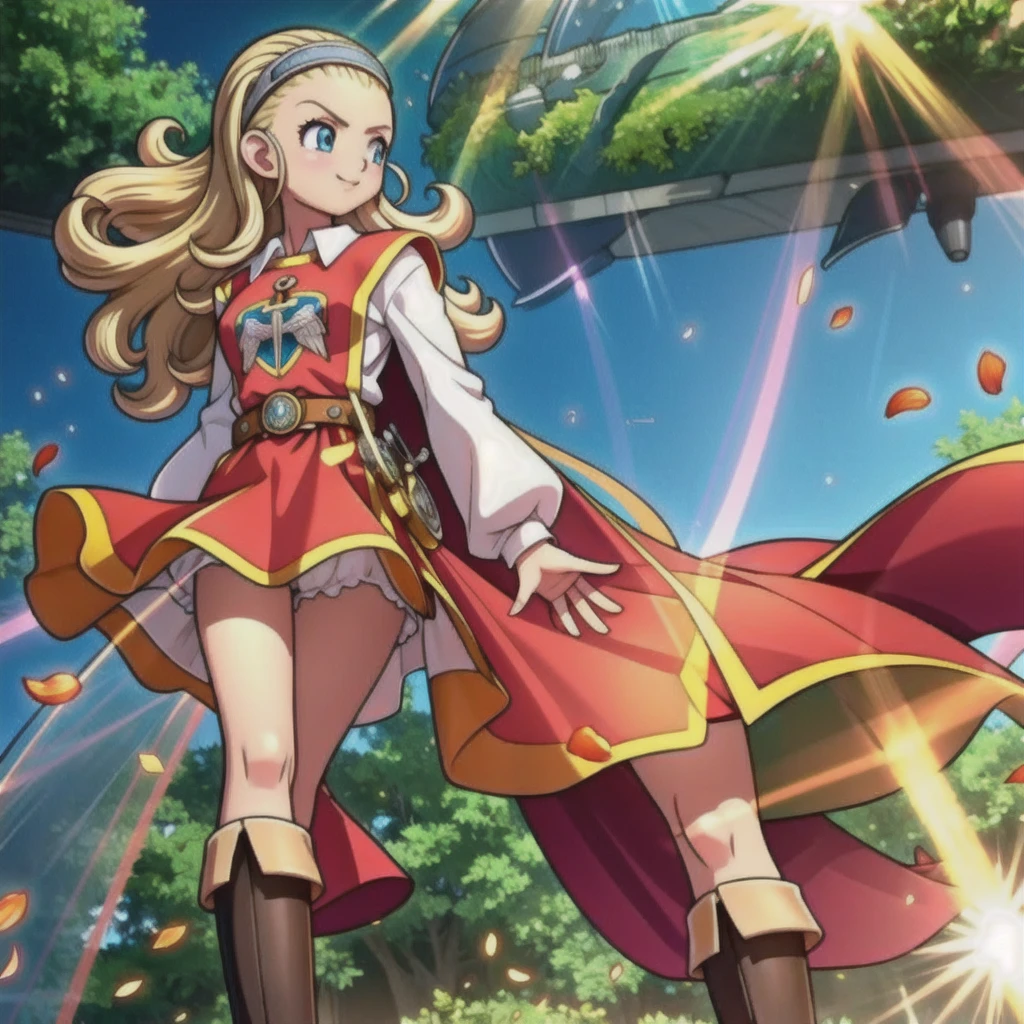 Perfect Biology、DQ10 Anchor, Long Hair, Curly Hair, blonde, blue eyes, amount, hair band, DQ10 Costumes, Red Cape, Long sleeve, Orange Skirt, boots, break (Small breasts), Amar, beautiful, masterpiece, 8K resolution, Highly detailed face, One Girl, beautiful girl, Adult Girl, 20-year-old, Eye highlights, avert your eyes, smile, Lips parted, blush, break (running:1.1), dynamic, Active movement, the wind is strong, Petals flutter, break anime background, Outdoor, in the forest, garden, Gentle sunlight, ,Translucent skirt,Spread your legs,Angle from directly below,Take off your skirt,Jacket only,Translucent slip,underwearの中に手を入れる,underwear見える, underwear, Look under the skirt,The camera is up her skirt, Crotch close-up