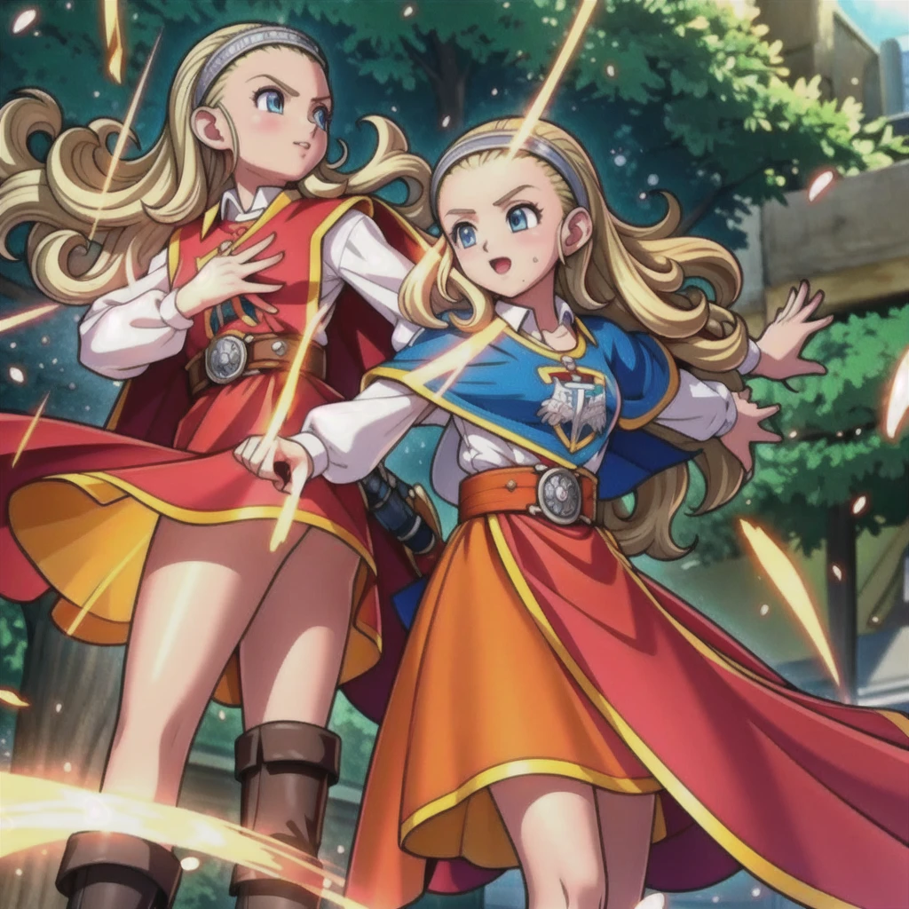 Perfect Biology、DQ10 Anchor, Long Hair, Curly Hair, blonde, blue eyes, amount, hair band, DQ10 Costumes, Red Cape, Long sleeve, Orange Skirt, boots, break (Small breasts), Amar, beautiful, masterpiece, 8K resolution, Highly detailed face, One Girl, beautiful girl, Adult Girl, 20-year-old, Eye highlights, avert your eyes, smile, Lips parted, blush, break (running:1.1), dynamic, Active movement, the wind is strong, Petals flutter, break anime background, Outdoor, in the forest, garden, Gentle sunlight, ,Translucent skirt,Spread your legs,Angle from directly below,Take off your skirt,Jacket only,Translucent slip,underwearの中に手を入れる,underwear見える, underwear, Look under the skirt,The camera is up her skirt, Crotch close-up