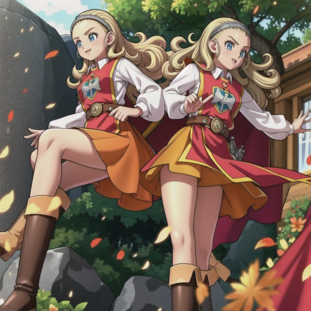 Perfect Biology、DQ10 Anchor, Long Hair, Curly Hair, blonde, blue eyes, amount, hair band, DQ10 Costumes, Red Cape, Long sleeve, Orange Skirt, boots, break (Small breasts), Amar, beautiful, masterpiece, 8K resolution, Highly detailed face, One Girl, beautiful girl, Adult Girl, 20-year-old, Eye highlights, avert your eyes, smile, Lips parted, blush, break (running:1.1), dynamic, Active movement, the wind is strong, Petals flutter, break anime background, Outdoor, in the forest, garden, Gentle sunlight, ,Translucent skirt,Spread your legs,Angle from directly below,Take off your skirt,Jacket only,Translucent slip,underwearの中に手を入れる,underwear見える, underwear, Look under the skirt,The camera is up her skirt, Crotch close-up