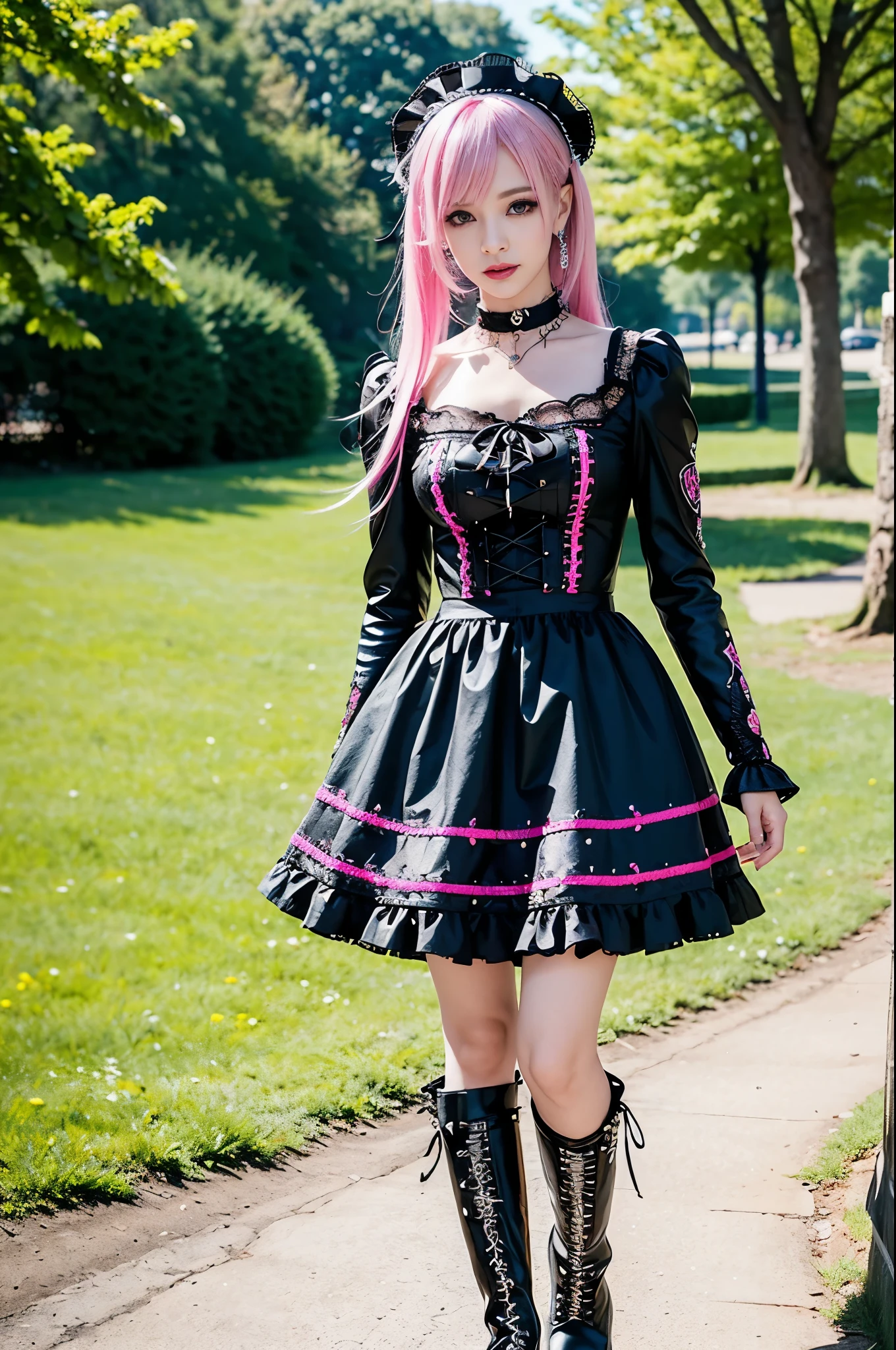 sexy stylish Swedish model, only 1 female, ((doll-like appearance)), short neon pink stylish hair, ((shiny Punk-Style boots)), (beautiful smile), ultra detailed eyes, long lashes, metallic eye-makeup, lip-gloss, ((sexy Punk ta cosplay)), unconventional skirt, petticoats, high neckline, ((ultra detailed lace)), ((ultra detailed embroidery)), intricate details, tartan patterns, Punk Loliccessoires, Punk Lolita cr, ((large sparkling Punk Lolita jewel, cinematic light, detailed sunny large park background with trees