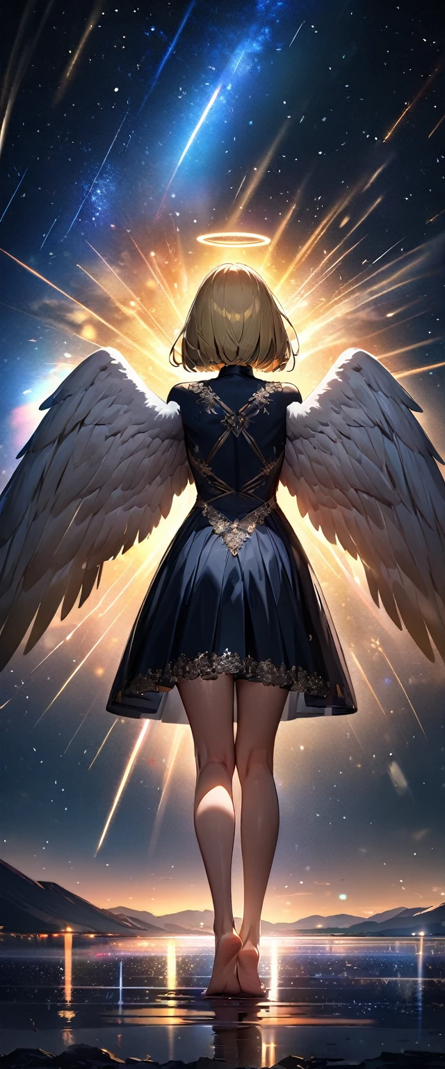 (((A meteor shower dancing in the night sky, countless stars twinkling in the clear air, a beautiful starry sky, the Milky Way shining beautifully in the night))), (((with big angel wings on back))), halo, backless dress, looking up, mountain, wide shot, back shot, a girl, bob cut, bare legs, bare foot, blond hair, (best quality, 4K, 8K, highres, masterpiece:1.2, ultra-detailed, HDR, uhd, studio lighting, ultra-fine painting, sharp focus, physically-based rendering, extreme detail description, professional, vivid colors, bokeh)